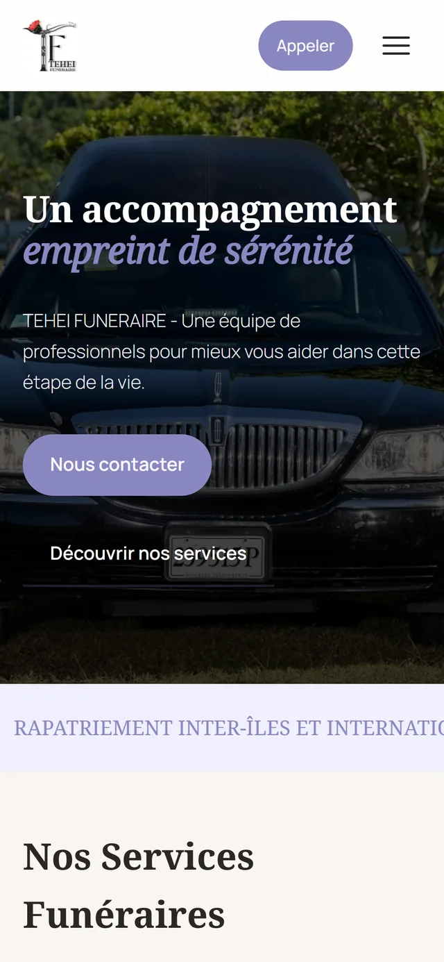 teheifuneraire.pf, page accueil, sur téléphone