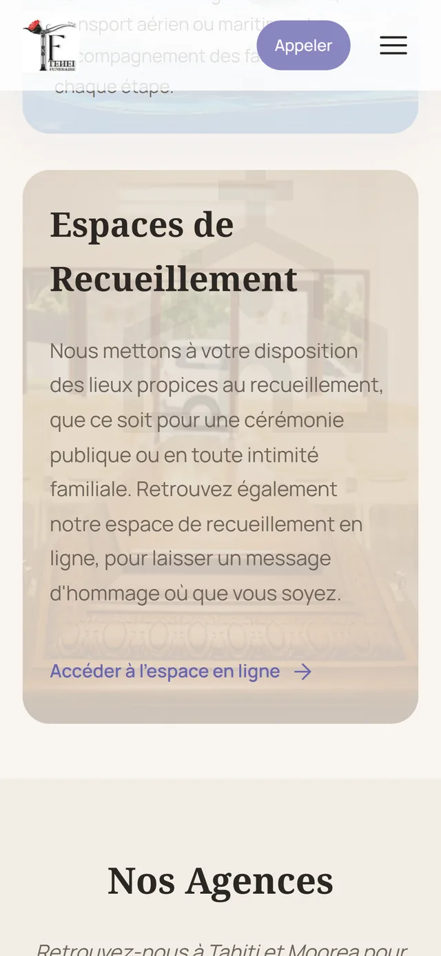 teheifuneraire.pf, page recueillement, sur téléphone